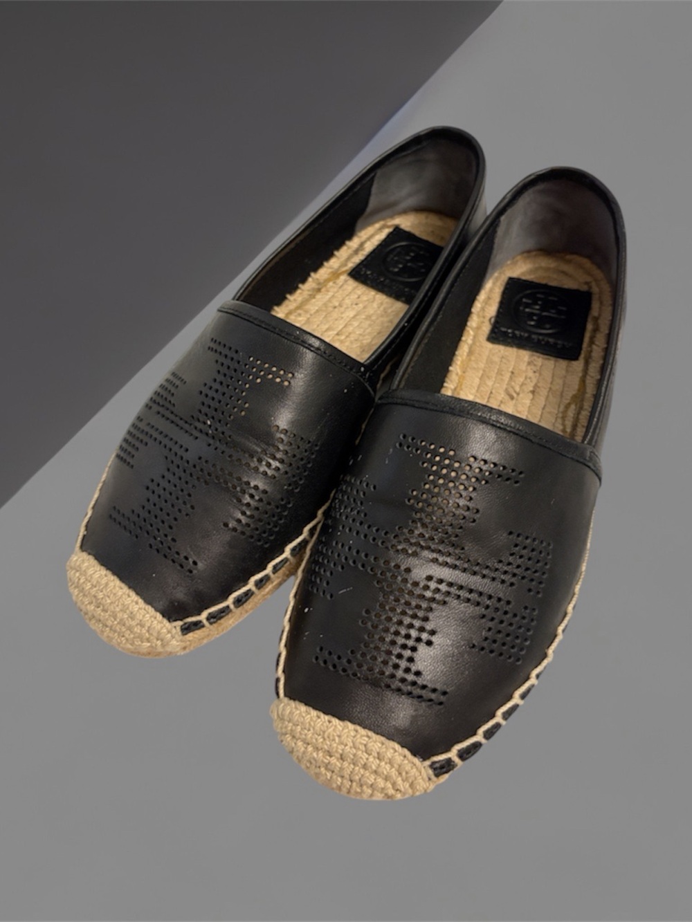 Tory Burch Black Leather Perforated Espadrille Flats with Natural Jute Trim